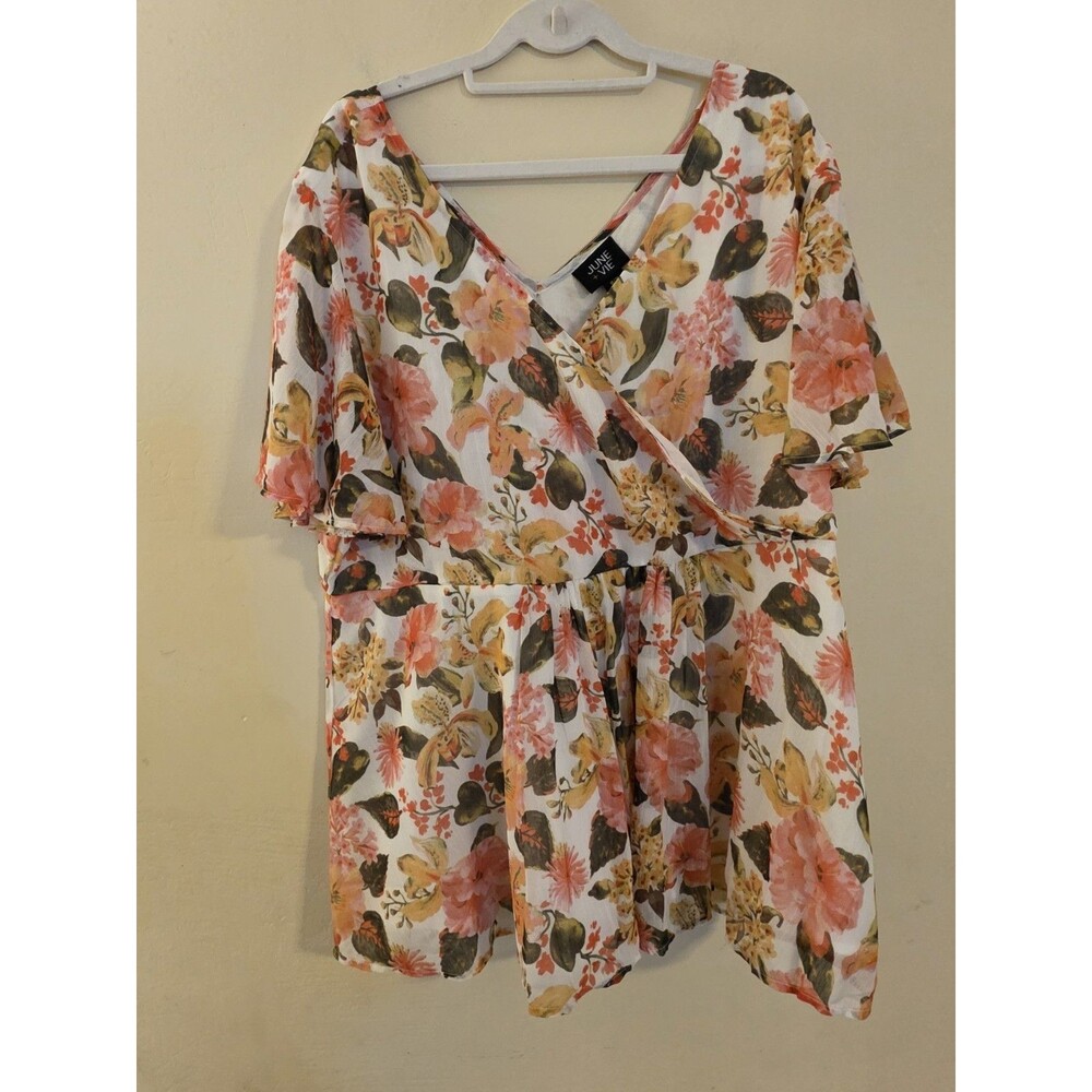June + Vie Women's Size 18/20‎ V-Neck Floral Lined Cotton Blend Wrap Top